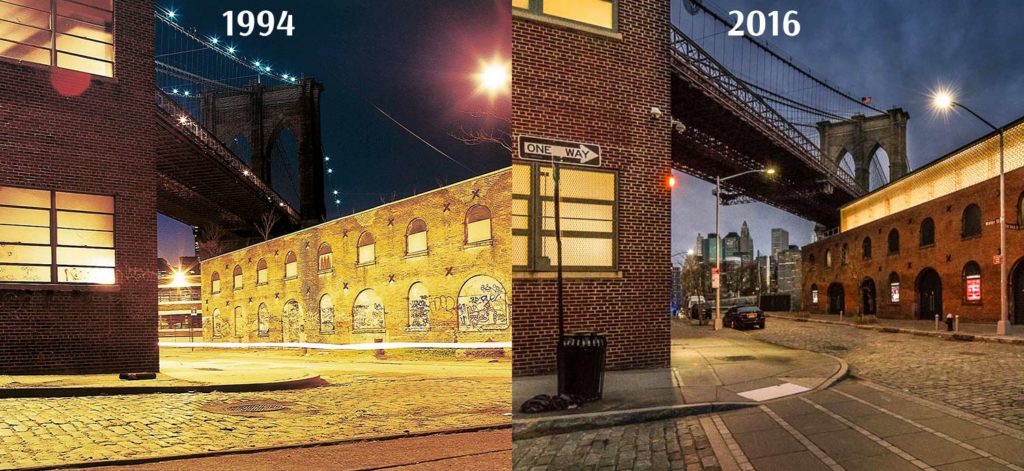 Zwei Bilder von der Brooklyn Bridge nebeneinander gestellt. Das Erste aufgenommen 1994, das Zweite von 2016.